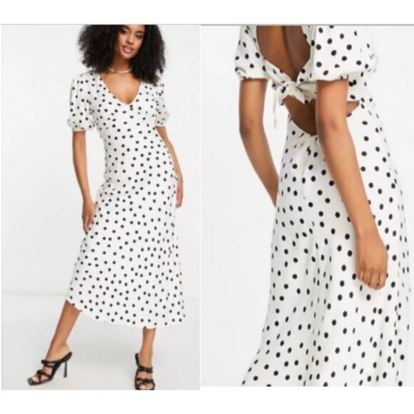 Mango Womens V Neckline Sexy Back Polka Dot Midi Dress White Size 0 - Picture 1 of 12